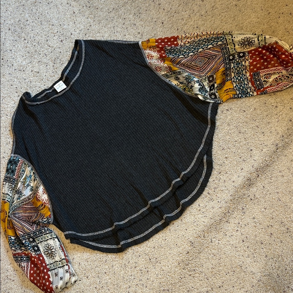 By Together Top with Colorful Patchwork Sleeves